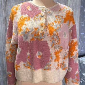 Zara Women’s Floral Jacquard Cropped 1/4 Button Up Sweater